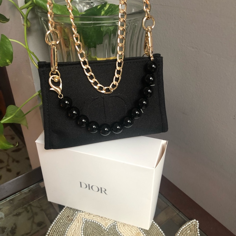 Black Christian dior makeup pouch with chain/pearl - Picture 9 of 14